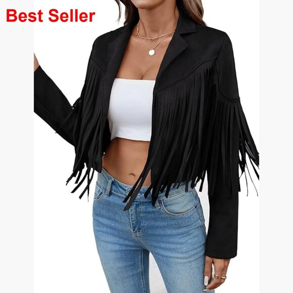 Jackets & Blazers - Faux Suede Leather Cropped Jacket with Fringe Tassel Sleeves and Lining